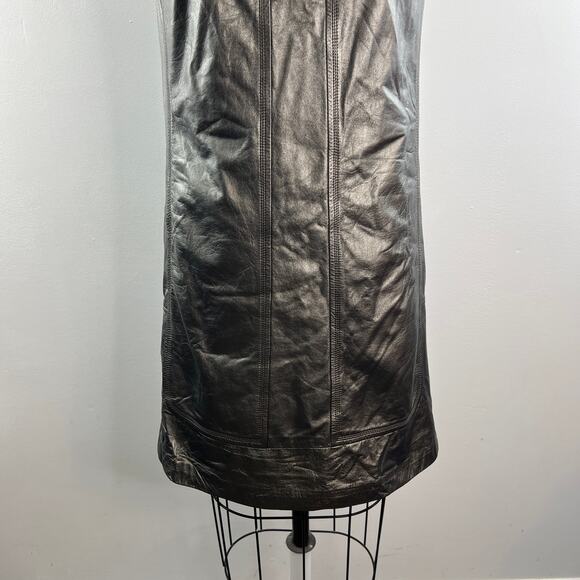 Elie Tahari Asphalt Black Mini Shift Dress Leather Split Neck Back Zip Size 6 - Picture 3 of 11